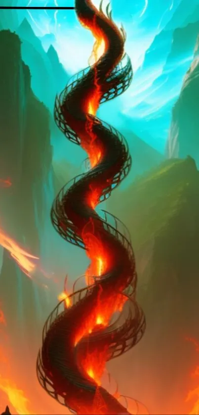 Fiery spiral design against a vibrant fantasy background.