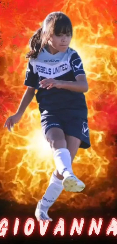 Young soccer player kicks against fiery background.