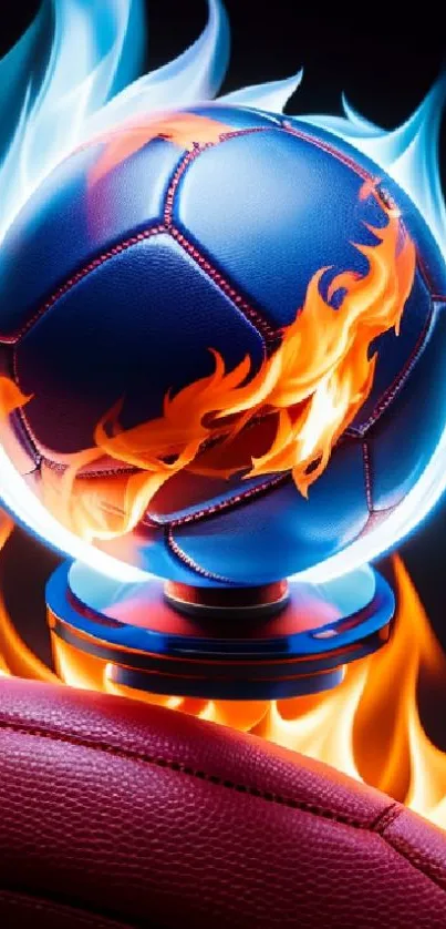 Blue sports ball with fiery flames design.