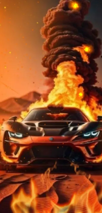Fiery sports car with flames in a desert setting, intense action.