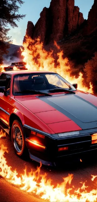 Classic sports car encircled by flames on a scenic road.