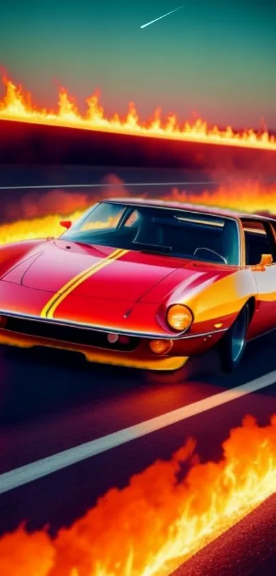Red sports car with flames on a nighttime road.