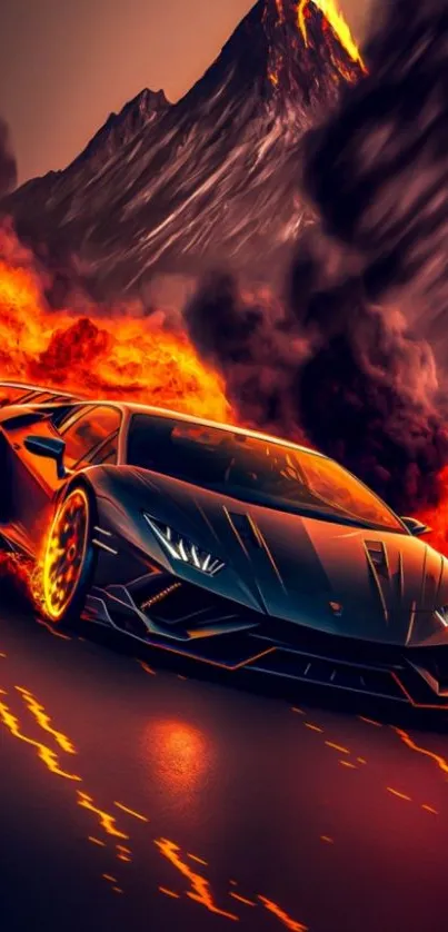 Sports car races through fiery lava landscape with mountains.