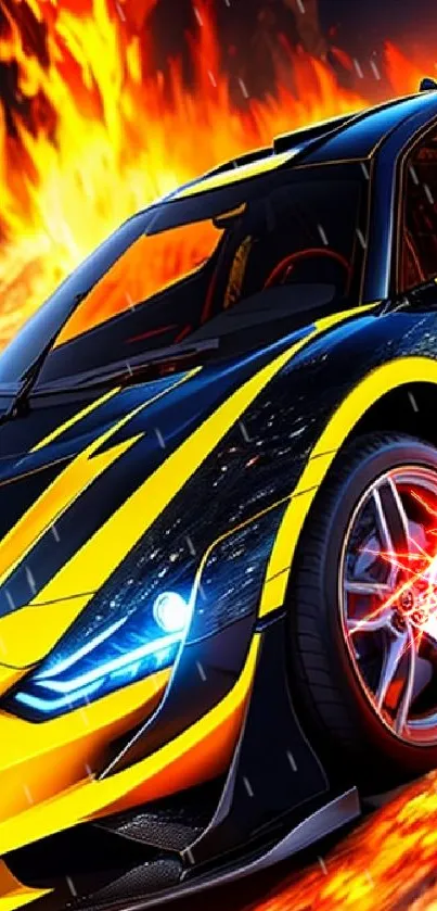 Fiery sports car with vibrant flames, perfect for a dynamic mobile wallpaper.