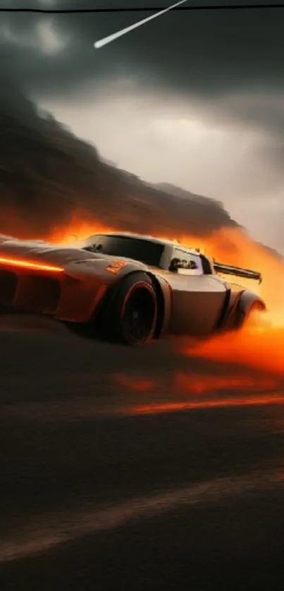 Fiery sports car racing down a road with intense orange flames.