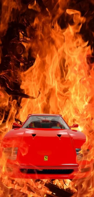 Red sports car engulfed in vibrant flames.