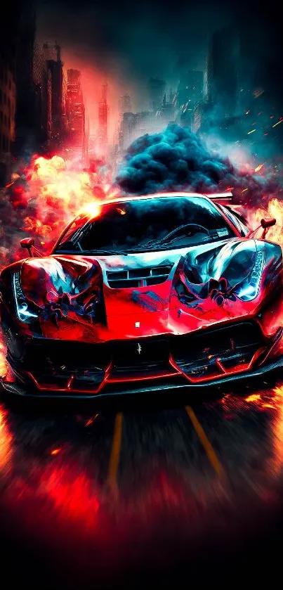 Fiery sports car with flames in an urban setting, perfect for mobile wallpaper.