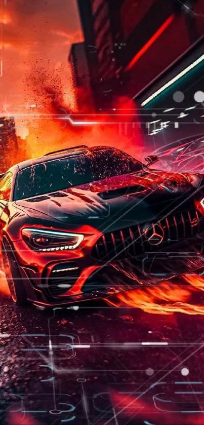 Fiery sports car speeding through urban streets at sunset.