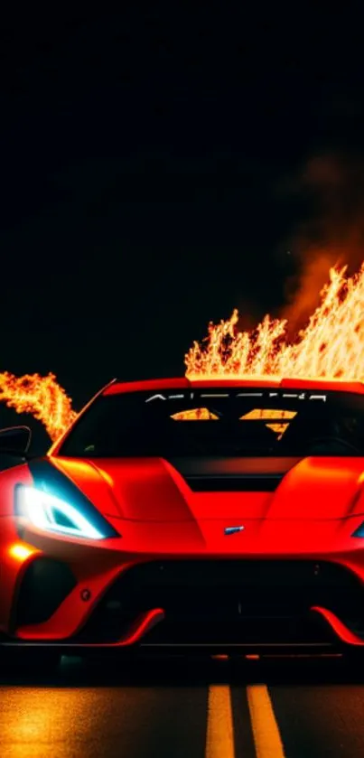 Sleek red sports car with fiery flames, perfect for mobile wallpaper.