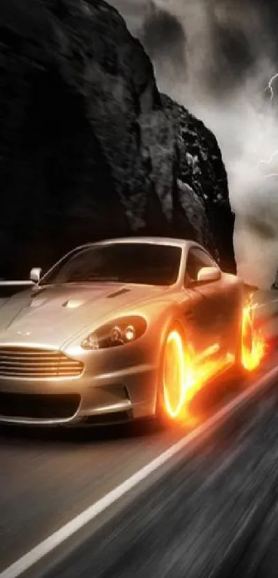 Fiery sports car racing in a lightning storm on a winding road.