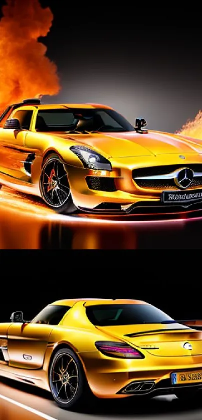 Fiery orange sports car on a dynamic wallpaper, showcasing speed and luxury.