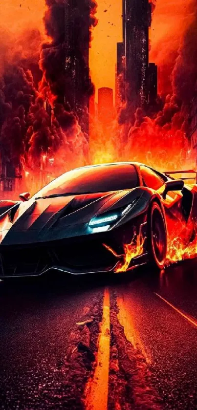 Fiery sports car with flames in a futuristic cityscape.