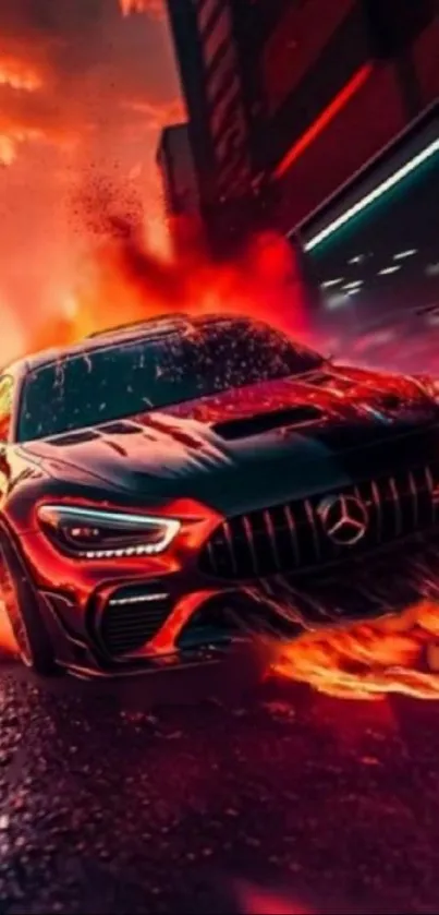 Fiery sports car racing through flames