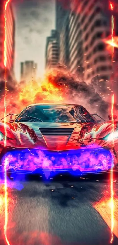 Fiery sports car racing through a city street with flames.