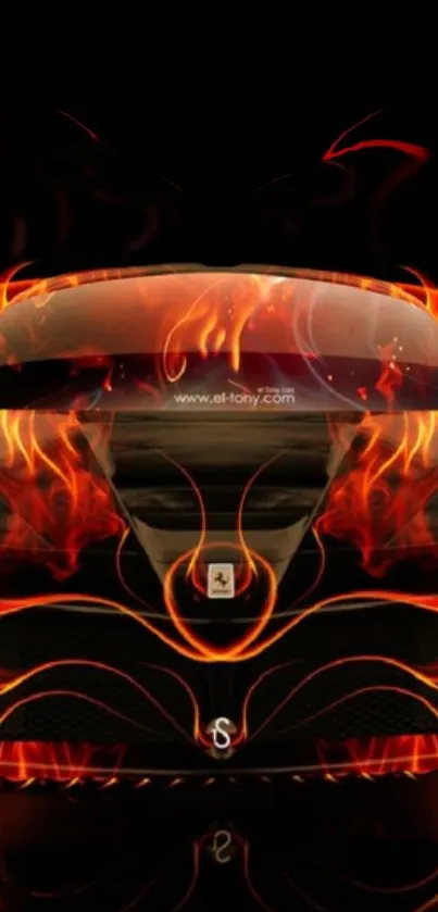 Sports car with orange flames on a dark background.