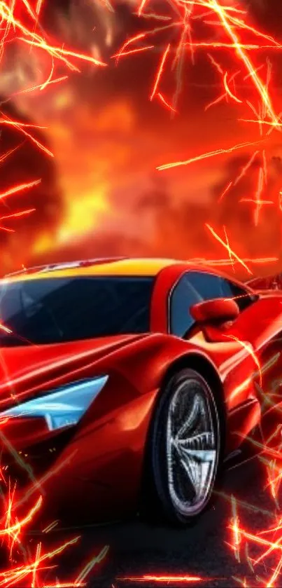 Fiery red sports car with intense flames in dramatic wallpaper.