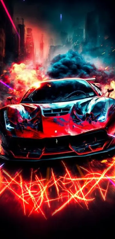 Fiery sports car racing through a city at night.