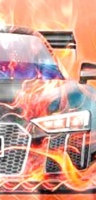 Fiery sports car with flames on orange background.