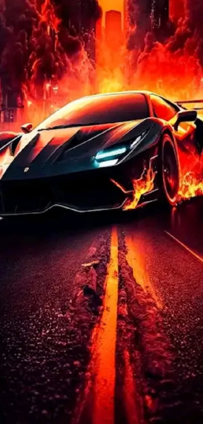 Fiery sports car with flames in urban setting.