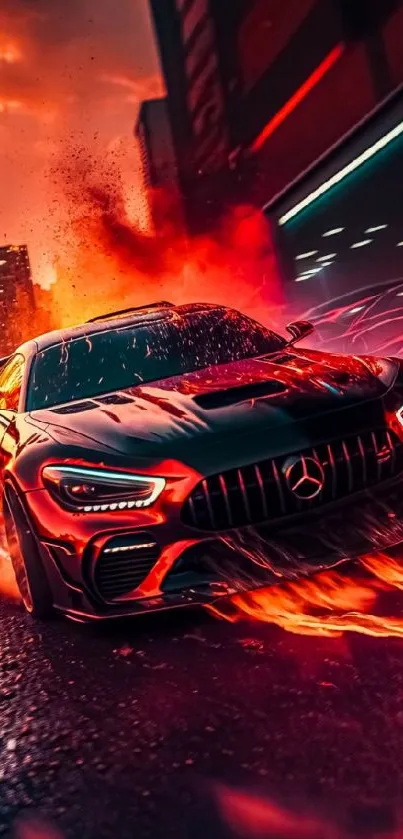 Fiery sports car racing through a vibrant city.