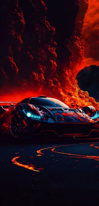 Fiery sports car with blazing red flames in dramatic wallpaper scene.