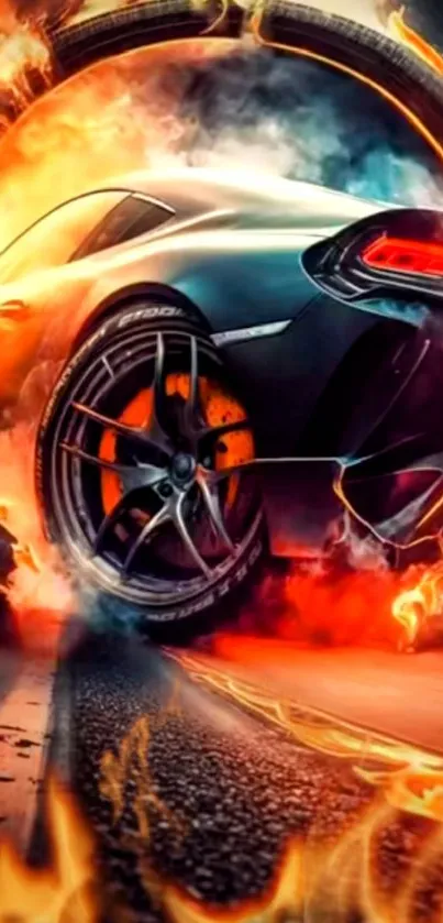 High-energy wallpaper featuring a sports car with flaming wheels.