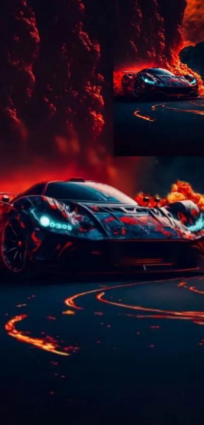 Red sports car with flames on a dark background, mobile wallpaper.