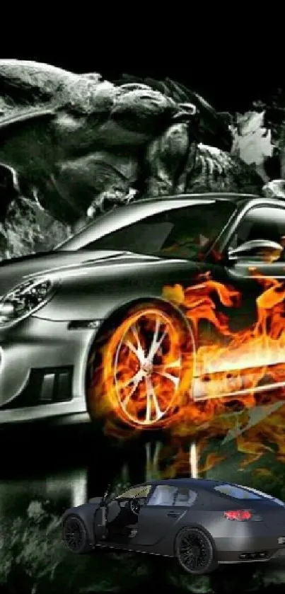 Fiery sports car with flames in dynamic wallpaper.