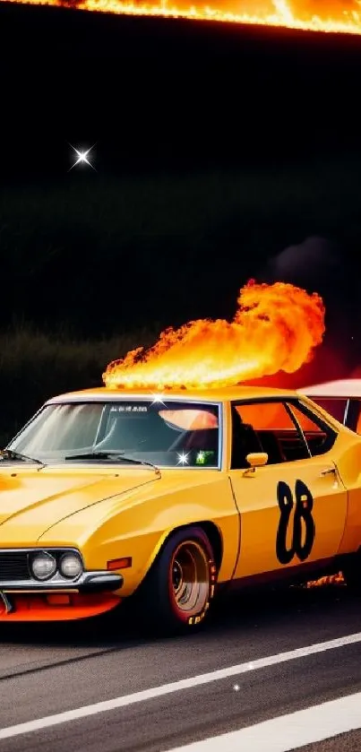 Vintage yellow racing car with flames on mobile wallpaper.