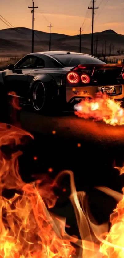 High-speed sports car with flames on a sunset road.