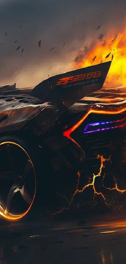 Fiery sports car with flames and sleek design.