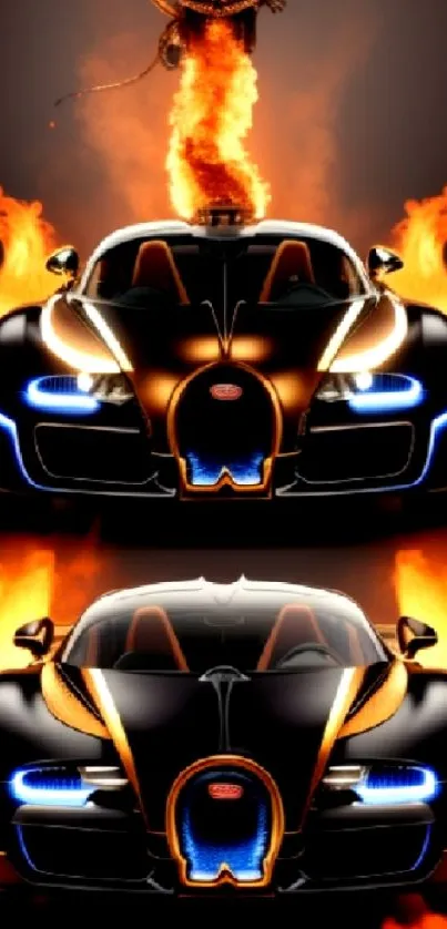 High-performance sports car with flames, designed for mobile wallpaper.