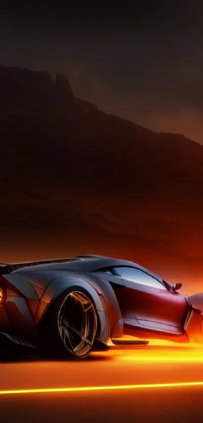 Fiery sports car speeds through desert landscape, leaving a vibrant trail of light.