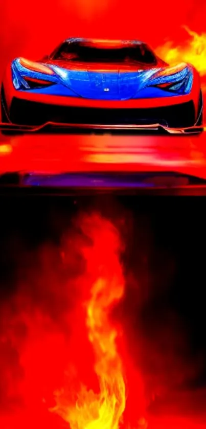 Fiery sports car with flames background on mobile wallpaper.