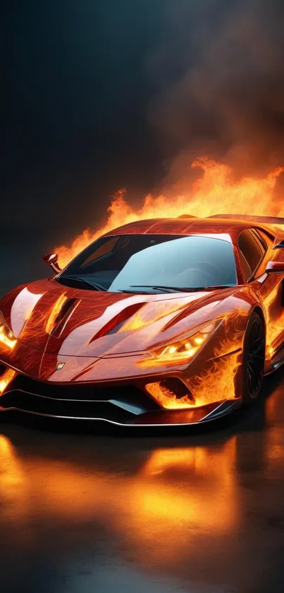 Fiery sports car with vibrant flames wallpaper.