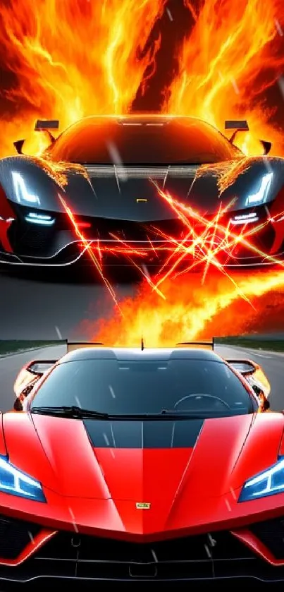 Vibrant wallpaper of a fiery sports car with flames on a dark background.