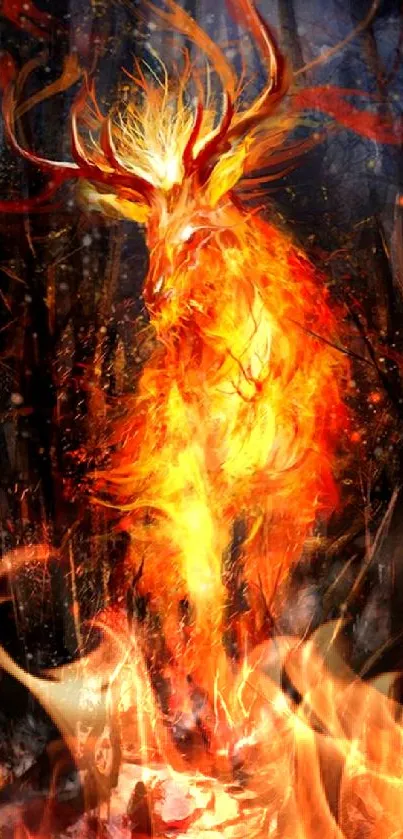 Mystical fiery stag in dark forest wallpaper art.