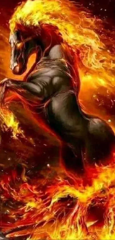 Fiery black stallion surrounded by flames.