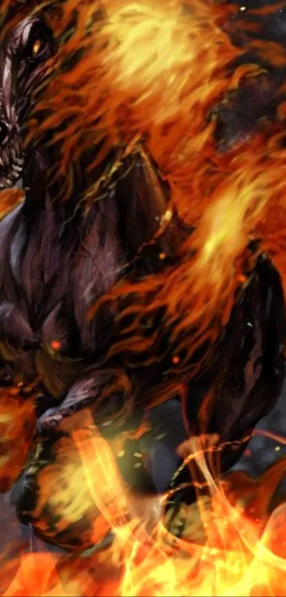 Mobile wallpaper of a dark horse engulfed in fiery flames.