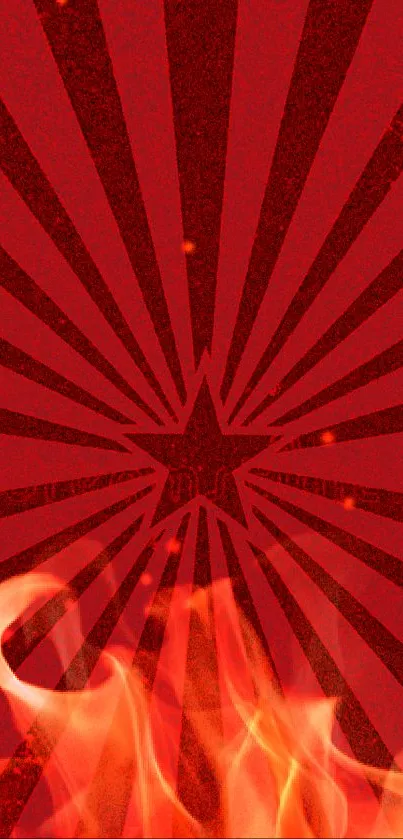 Fiery red starburst wallpaper with flames.