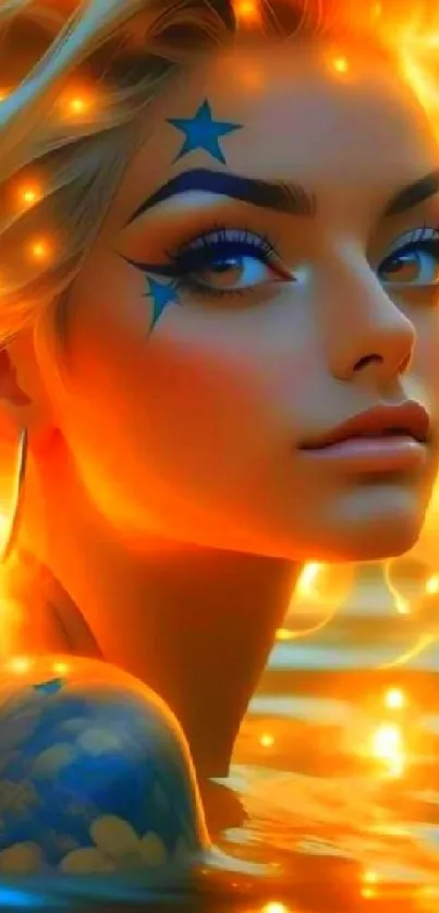 Artistic portrayal with fiery hair and blue star tattoos glowing vibrantly.