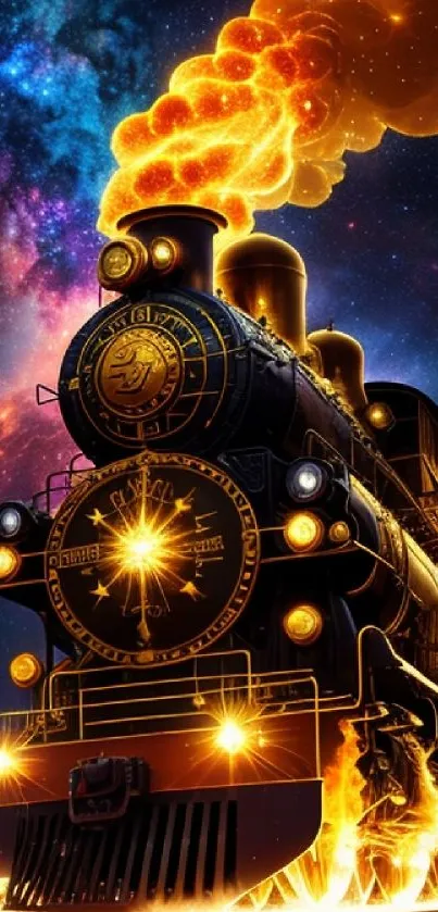Fiery steam train travels through a cosmic starry background.