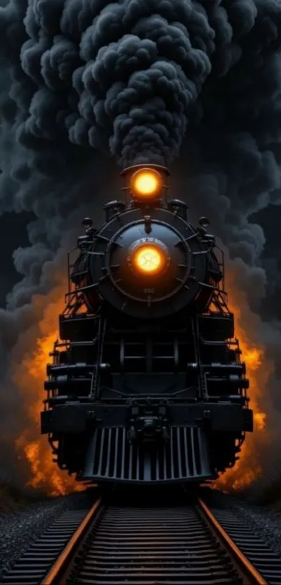 Dynamic steam train with fiery smoke on a railway track.