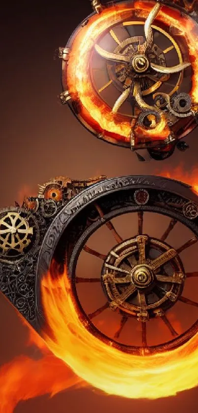 Steampunk gear with fiery elements on mobile wallpaper.