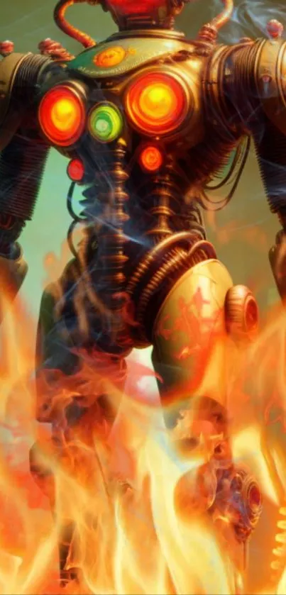 Steampunk robot in flames, vibrant colors and intricate design.