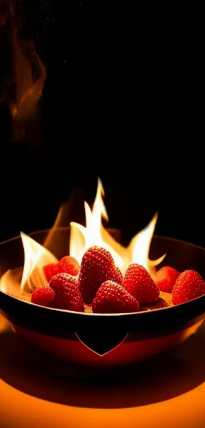 Fiery strawberries in a bowl with flames against a dark background.