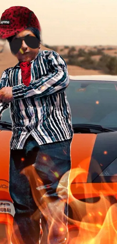 Individual with sunglasses beside a fiery supercar in the desert.