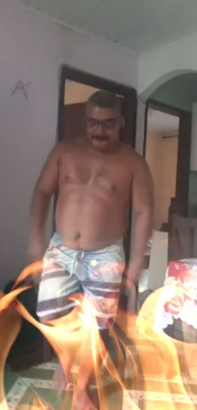 Man in colorful shorts with fiery effect.