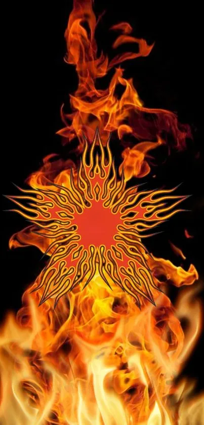 Fiery sun with flames on black background mobile wallpaper.