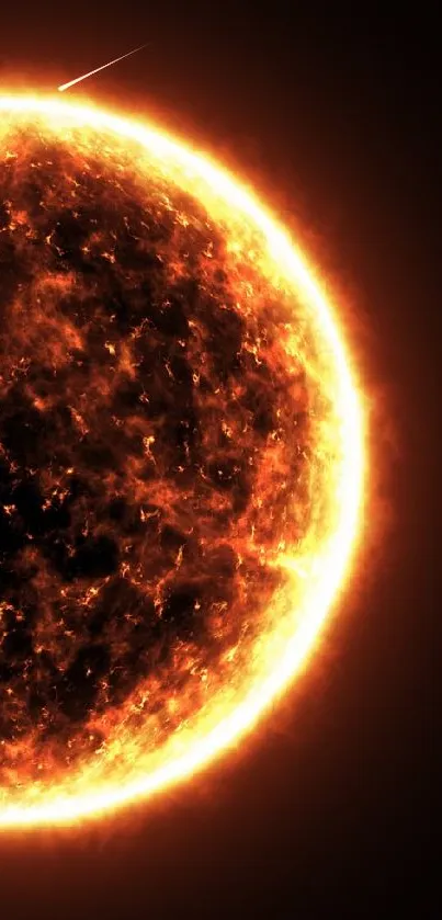 A vibrant and fiery sun against a dark sky, ideal for mobile wallpaper.